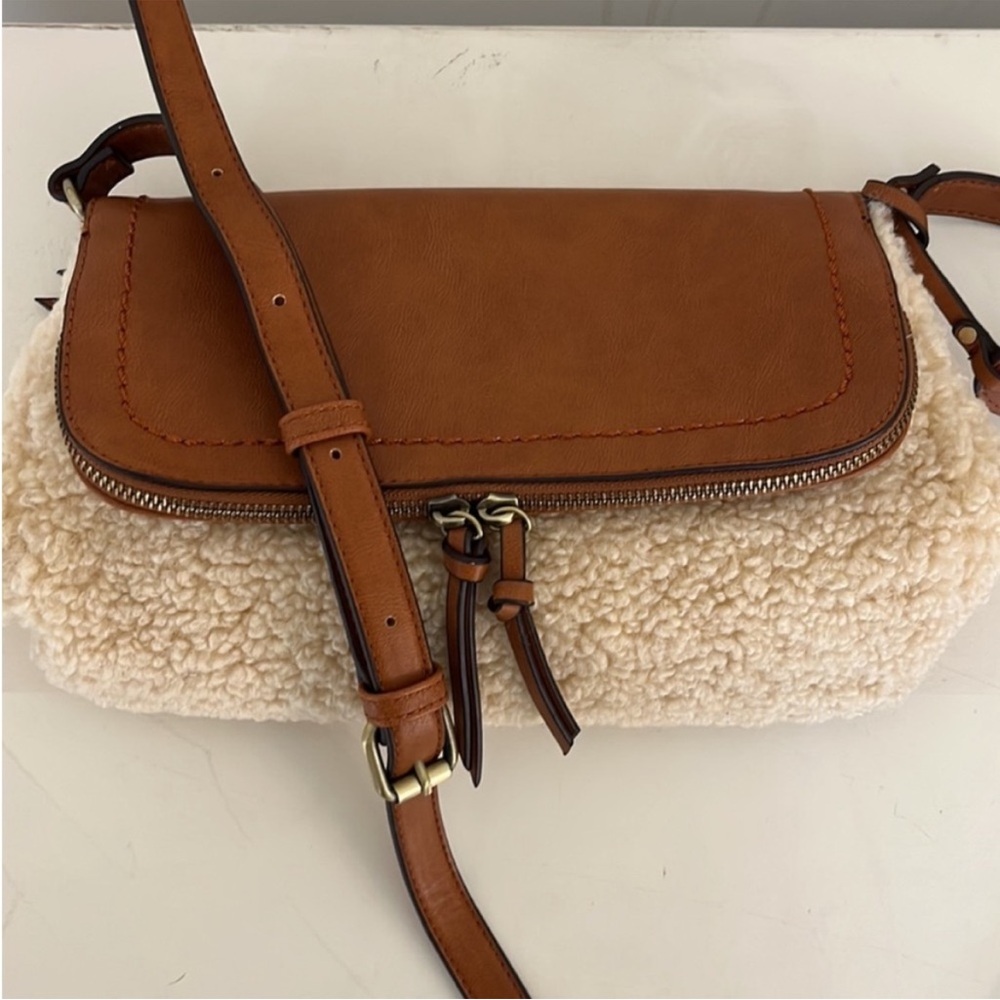 Sole Society Sherpa and Tan Leather Crossbody Bag - Picture 2 of 8